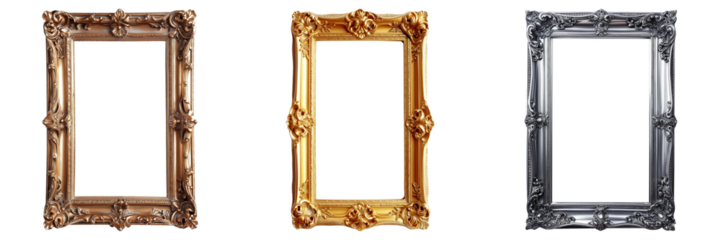 Three elegant vintage picture frames in bronze, gold, and silver finish isolated on a transparent background, suitable for gallery, interior design, or artistic concepts