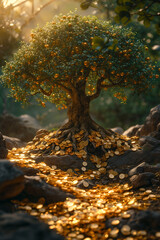 An artistic rendering of a money tree with roots made of gold, symbolizing stability and wealth.