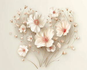 White flowers form a heart shape. card. minimal style 