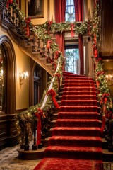 Office staircase adorned with garlands, ribbons, and a grand bannister Christmas display,...