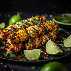 Elote or Mexican grilled corn on the cob served with barbeque sauce and chili powder