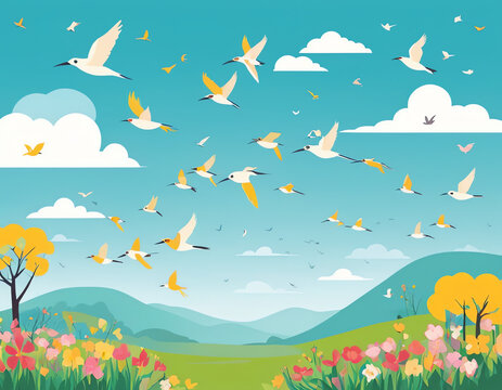 birds are flying on the sky in spring season for greeting cards, posters, or social media