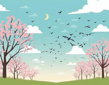 birds are flying on the sky in spring season for greeting cards, posters, or social media