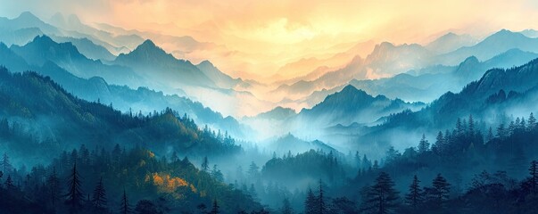 Mountain forest landscape enveloped in fog capturing essence of nature and hills travel into misty outdoors during morning beauty and scenery merging in trees with view foggy autumn sky over valley - obrazy, fototapety, plakaty