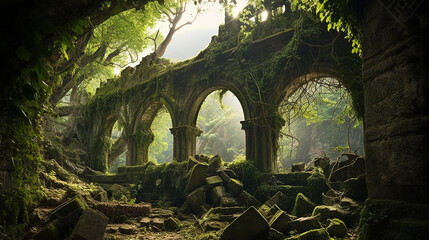 an abandoned ruin overtaken by nature, showcasing a perfect balance between decay and growth