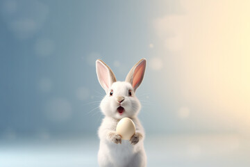 A whimsical white rabbit holds an egg joyfully, with a soft blue background, capturing the delightful spirit of Easter festivities.