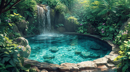 An illustration of a luxurious hot spring surrounded by nature, evoking relaxation and peace.