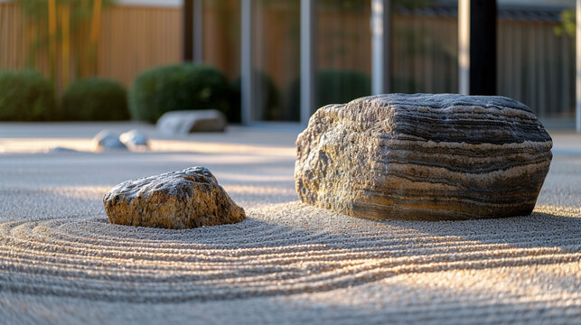 A soothing image of a minimalist zen garden, with raked sand and neatly arranged stones.