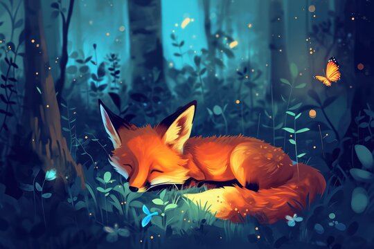 Cute red baby fox playing with a butterfly in a forest at night. Colorful handdrwan illustration of beautiful animals. 