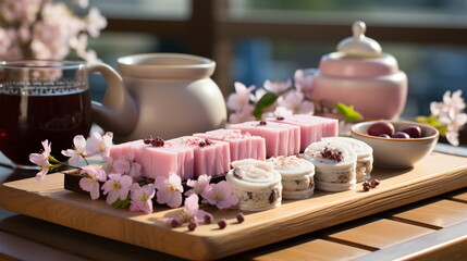 Fototapeta premium Japanese dessert mochi with matcha green tea powder and cherry, japanese tea ceremony