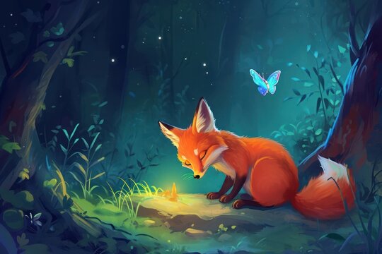 Cute red baby fox playing with a butterfly in a forest at night. Colorful handdrwan illustration of beautiful animals. 