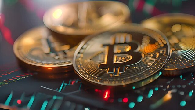 Bitcoin coins. Crypto currency background.