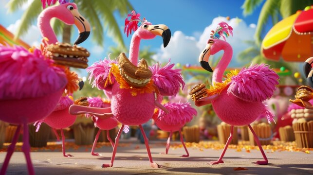 Cartoon scene of silly flamingos in zany costumes doing the macarena with their long pink legs while munching on churros at the fiesta