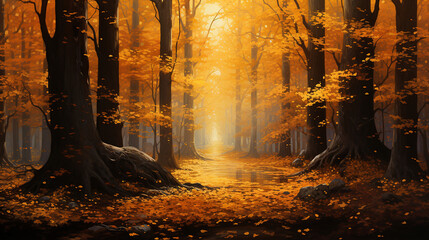 a serene depiction of an autumn forest with leaves in mid-fall, bathed in golden sunlight