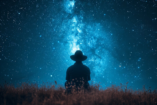 An artistic rendering of a person sitting alone under the stars, feeling both small and connected to the universe.