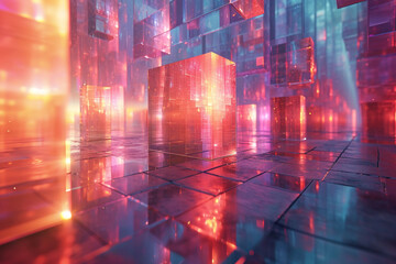 An illustration of quantum teleportation, visualized as a series of fragmented and reassembling 3D shapes.