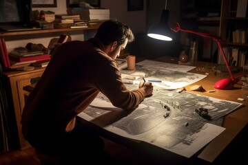Architect working on architectural drawings and plans at their drafting table late into the night, Generative AI