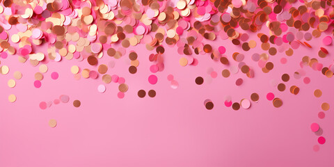 Obraz premium Festive design with copy space, metallic glitter foil confetti on pink.