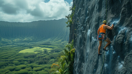 Climber pauses on steep rock wall above lush valley, Mountain climber sorts material on multi pitch climbing route, Climber pauses on steep rock wall above lush valley, 4K, Lifestyle, activities 