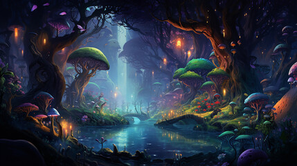 whimsical fantasy scene showing lush enchanted enchanted forest with mythical creatures AI designed - obrazy, fototapety, plakaty