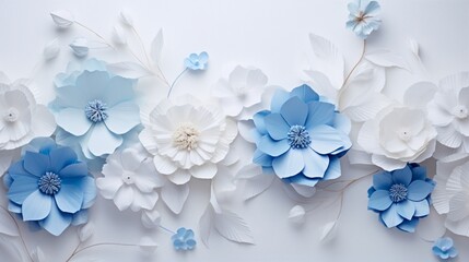 white and blue flowers on a flawless white surface.