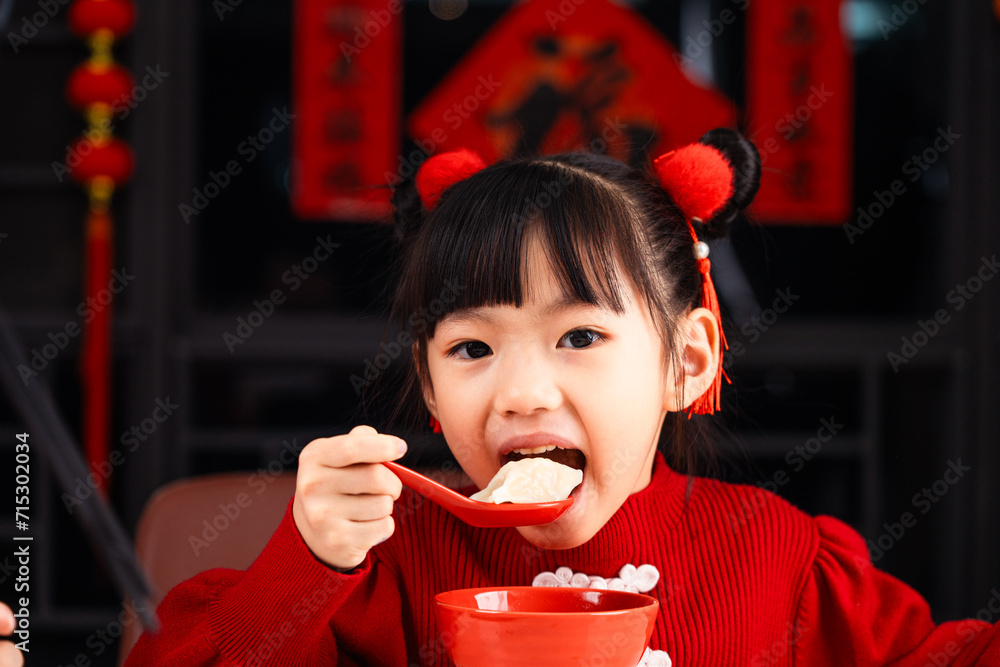 Wall mural Eating dumplings during Chinese Festival, girls eat dumplings at home,