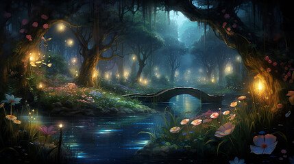 a whimsical scene depicting a magical garden at night - obrazy, fototapety, plakaty