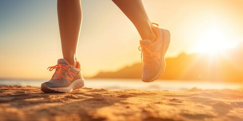image of a person in sneakers walking along a sandy beach. Copy space.