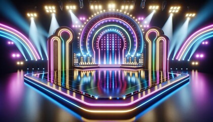 Modern game show stage with bright neon lights and no audience. The game show stage is colorful with neon lights and no chairs.