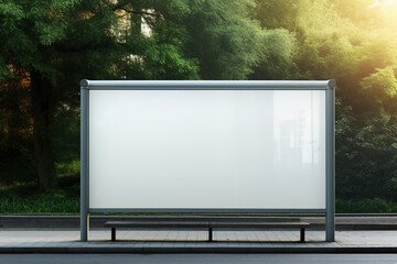 Empty white information board with mock up space stands against forest outdoor.