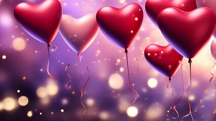 Happy valentine day background with pink and red colorful heart shaped balloons and golden glow particles in background with bokeh effect; copy space for text