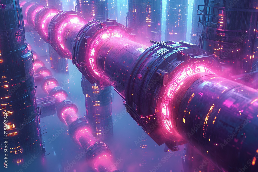 Poster an artistic rendering of a neon-infused space station, with an intricate network of tubes and glowin