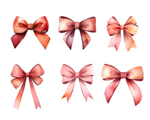 Set of bows in a watercolor style isolated on a white background. Colored decorative bows for cards, invitations, scrapbooking, and decor.