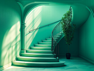 Vibrant green walls envelop a curving staircase with light casting shadows, accompanied by a tall potted plant in an elegant interior. 3d illustration.