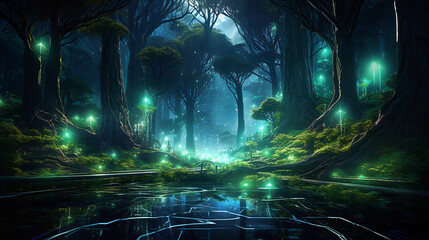 AI-generated image of a cybernetic forest trees are fused with technology, glowing