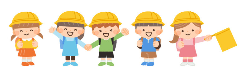 様々なポーズの通学中の子供たちのイラスト素材