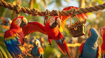 One parrot hangs upside down from a perch telling a joke about a pirate and a treasure chest. The rest of the parrots cackle and whistle with laughter while a confused cra