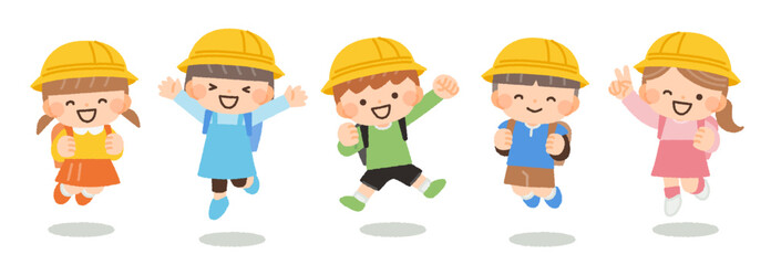 Obraz premium ジャンプをする通学中の子供たちのイラスト素材
