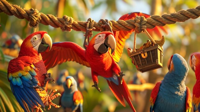 One parrot hangs upside down from a perch telling a joke about a pirate and a treasure chest. The rest of the parrots cackle and whistle with laughter while a confused cra