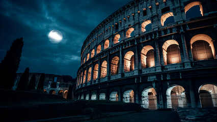 Colosseum at night on full moon in Rome, Italy. Ancient Rome. History and Travel concept. - obrazy, fototapety, plakaty