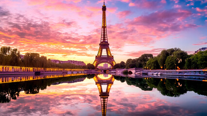 The Eiffel Tower reflected in the water at sunset in Paris, France. Travel concept. - obrazy, fototapety, plakaty