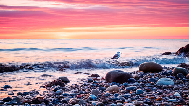 Seagull on the pebble beach at sunset. Landscape concept.