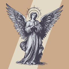 angel with wings stands praying vector drawing in engraving style on a beige background