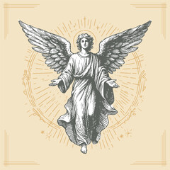 angel heavenly god vector sketch drawing in stencil style on a beige background
