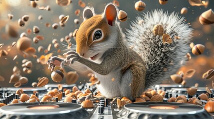 The squirrel DJ blasts upbeat music while squirrels bounce around on acorn shells making it rain nuts on the dance floor - obrazy, fototapety, plakaty