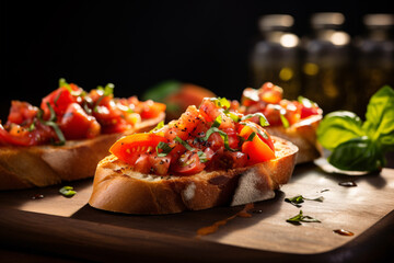 Bruchetta, a grilled bread rubbed with garlic with tomato toppin on cutting board - obrazy, fototapety, plakaty