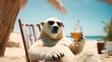 Anthropomorphic polar bear in sunglasses relaxes on a lounge chair on a tropical beach, holding a glass glass with a drink. Soft focus on background with palm trees and sea. Summer travel