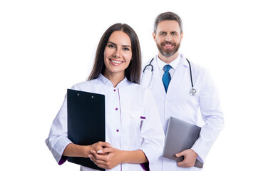 healthcare and medicine. Medicine doctor hold clipboard. medical and healthcare workers in hospital isolated on white. two doctors internist in medicine service. Health insurance. Hospital clipboard - obrazy, fototapety, plakaty