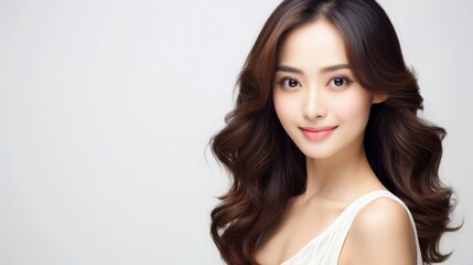 Fototapeta premium Beautiful Asian Chinese Woman Portrait Studio Photo Photography Profile Picture Young Model with Long Hair for Fashion Beauty Skincare Haircare Products on White Light Color Background 16:9