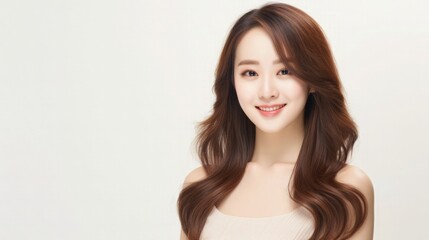 Naklejka premium Beautiful Asian Chinese Woman Portrait Studio Photo Photography Profile Picture Young Model with Long Hair for Fashion Beauty Skincare Haircare Products on White Light Color Background 16:9